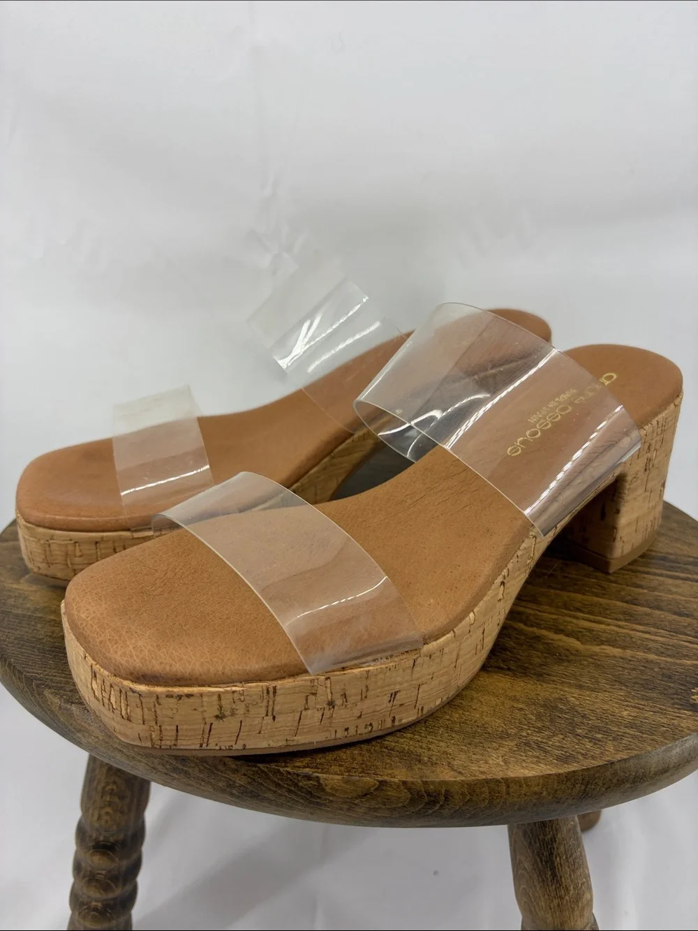 Andre Assous Cairo Cork Platform Sandals w/ 2 Clear Vinyl Straps, Womens 37